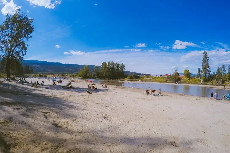 The soft, sandy beach at Tuey Park on the Enderby River.