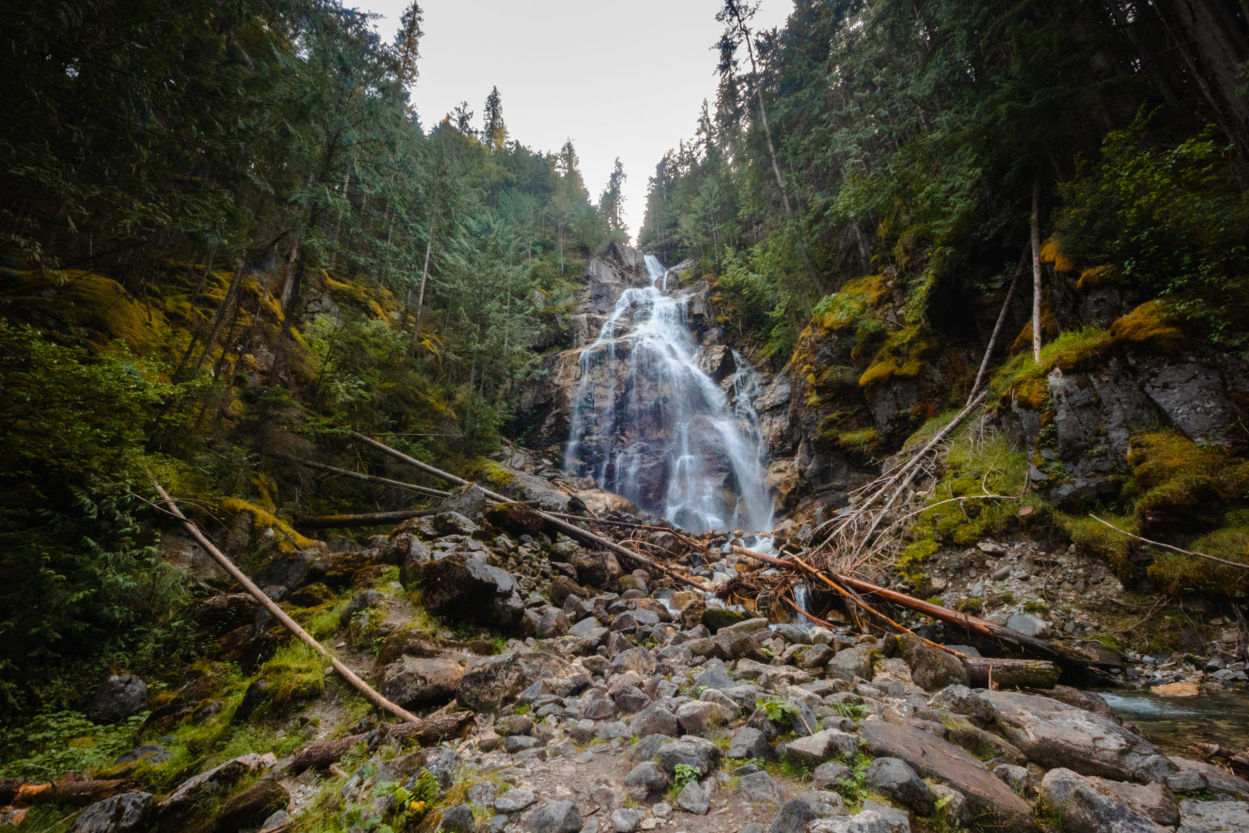 Large, cascading waterfall in the forest