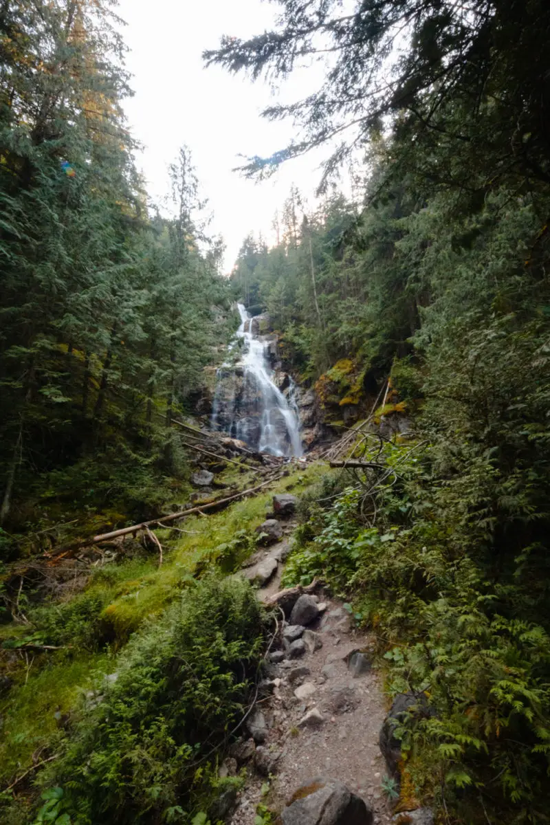 Trail to Kay Falls, with the waterfall visible through the trees in the distance