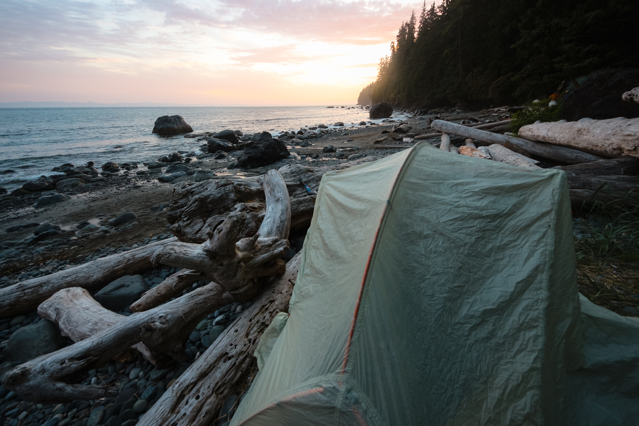 Wilderness Camping on Mystic Beach in Juan de Fuca Provincial Park on Vancouver Island, BC