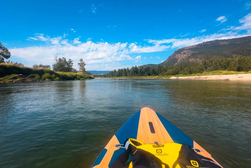 Paddleboard with a PFD on the Enderby River.