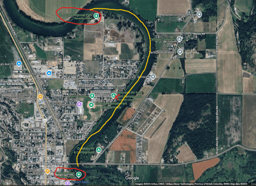Enderby River Float map: Belvidere Park to Tuey Park Route