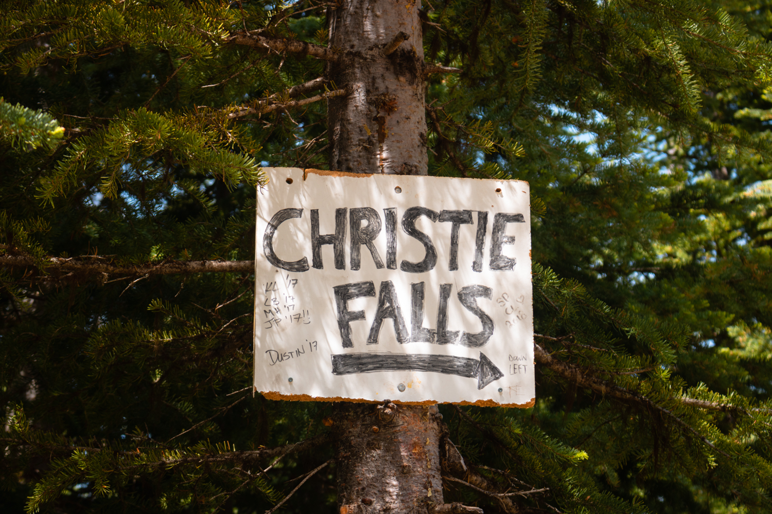 Sign that says "Christie Falls" in the trees.