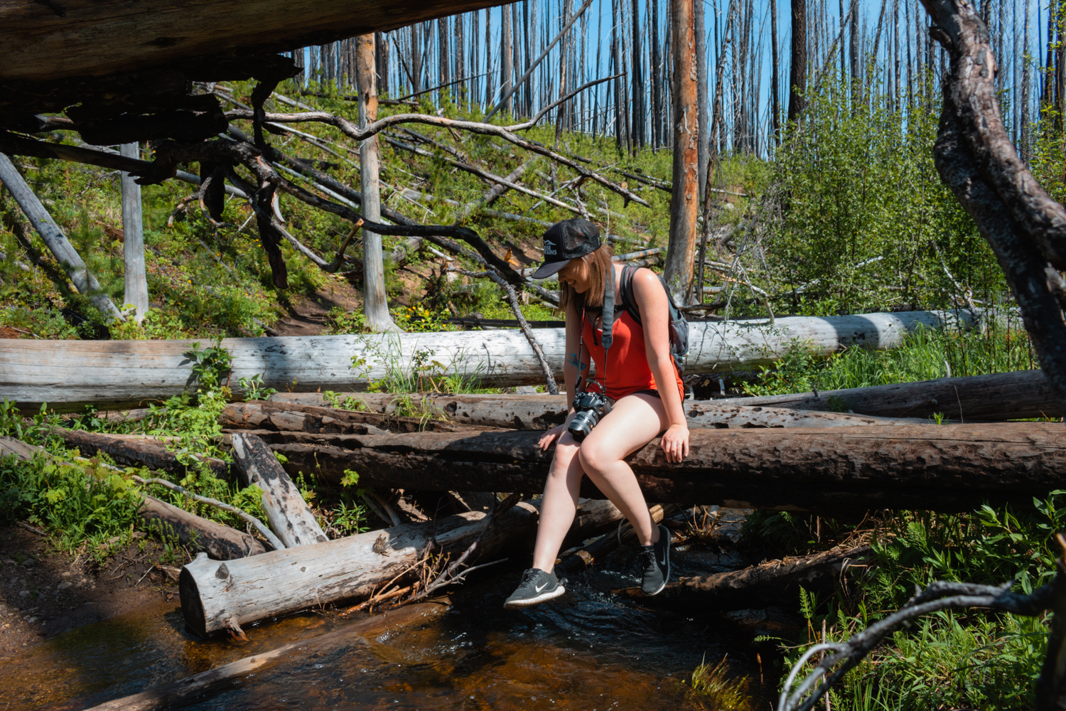 Woman scoots across a log crossing on the Christie Falls trail in Kelowna.