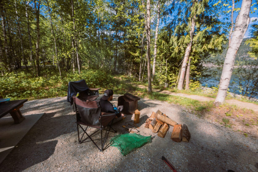 Man sits around a campfire.