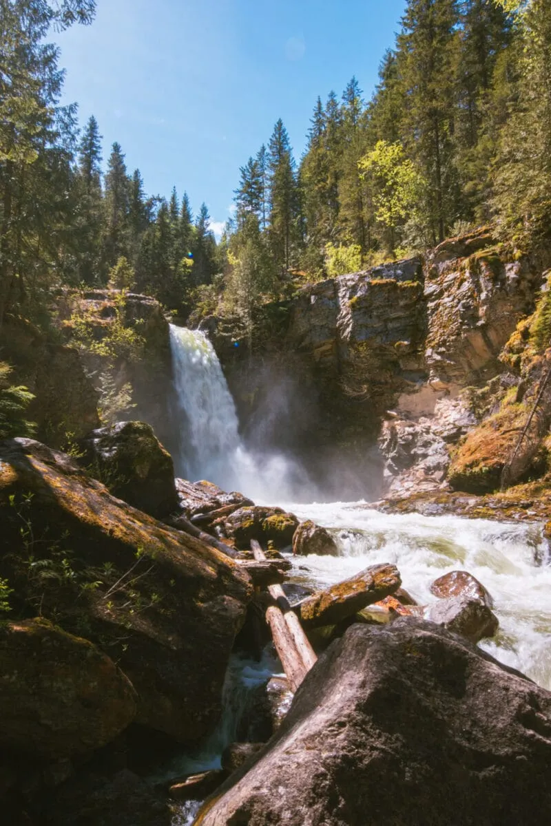 Vertical image of Sutherland Falls in Blanket Creek Provincial Park.