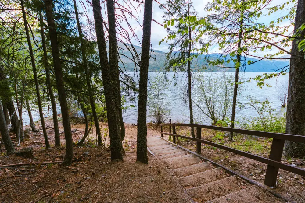 Staircase through the forest leading to Christina Lake
