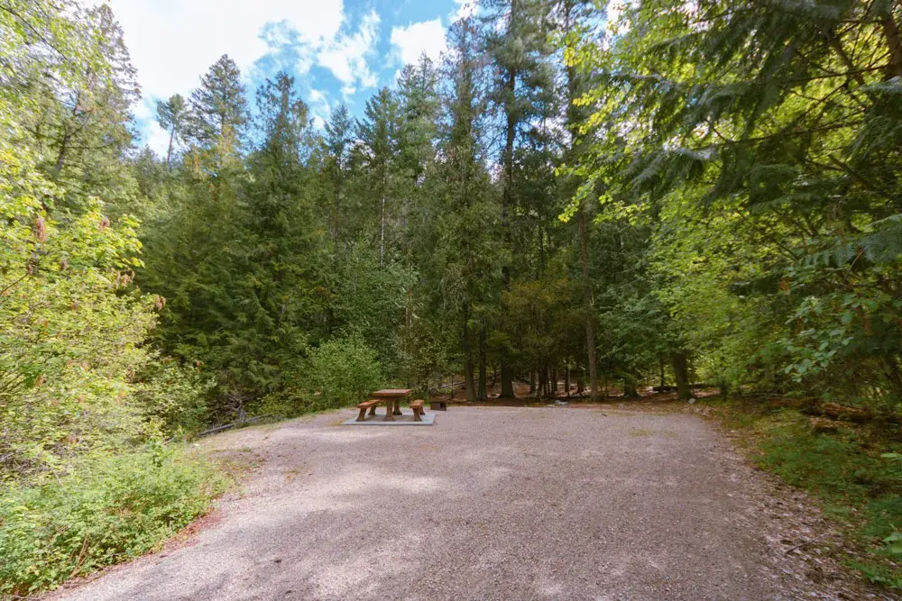 Large campsite, surrounded by trees with a picnic table in the middle