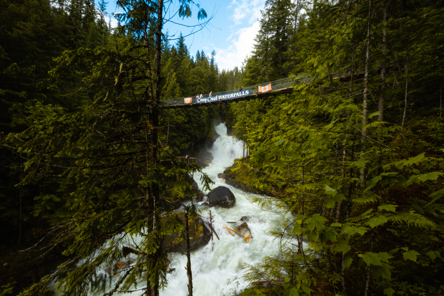 Suspension bridge with the words "Crazy Creek" above a large, roaring waterfall