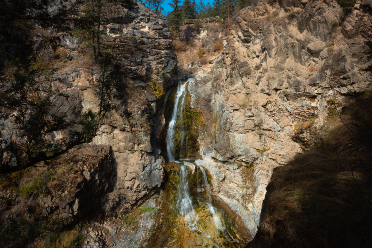 A small amount of water tumbles down Fintry Falls in the fall