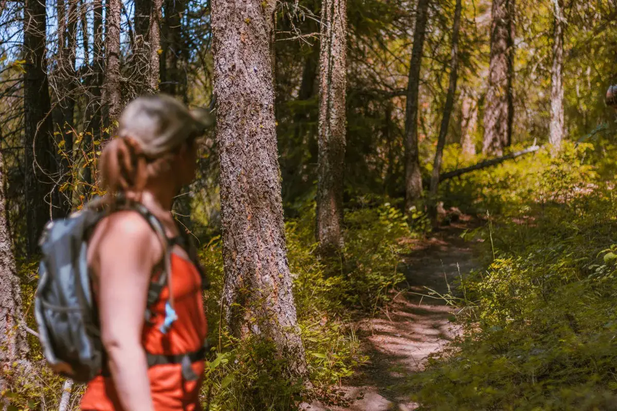 Woman looks down a hiking path in the forest