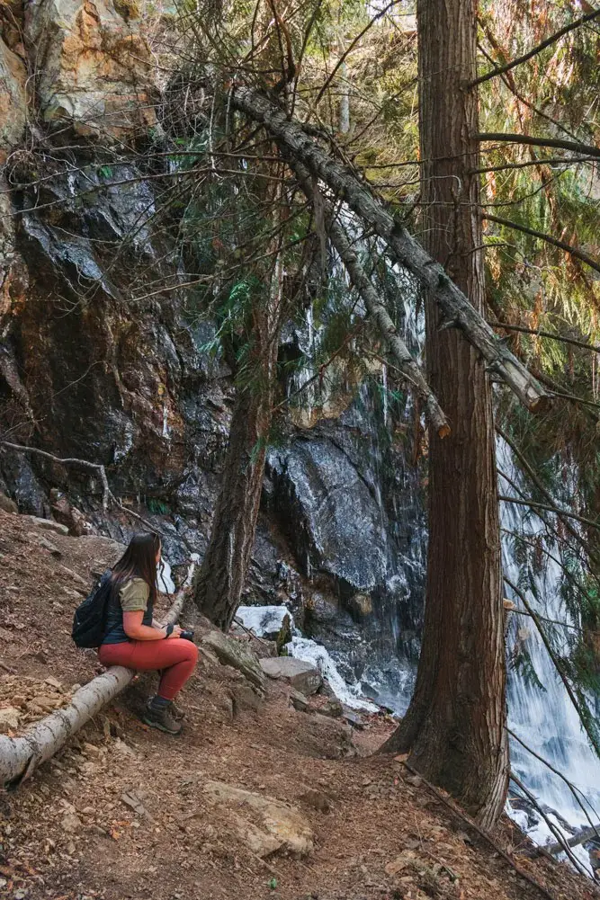 Woman sits on log in front of a waterfall