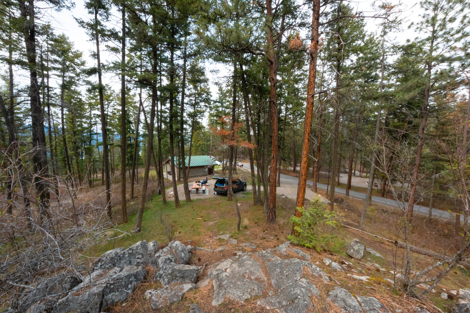 Looking down a large hill at a camping site at Ellison Provincial Park through the trees