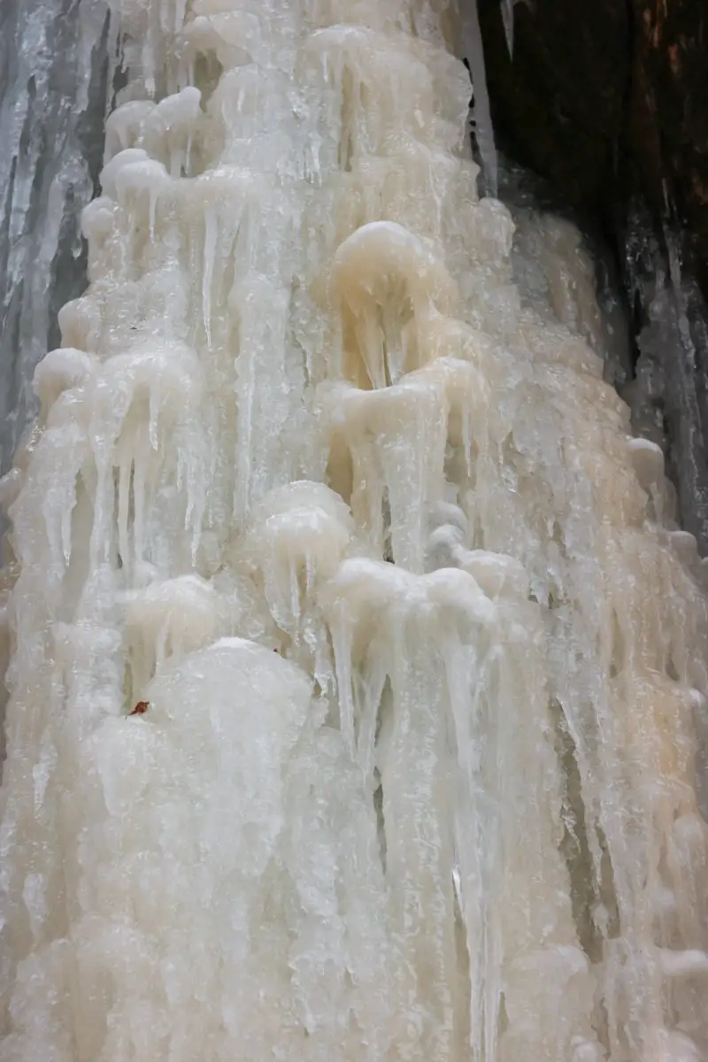 Closeup of the frozen Cosens Bay waterfall