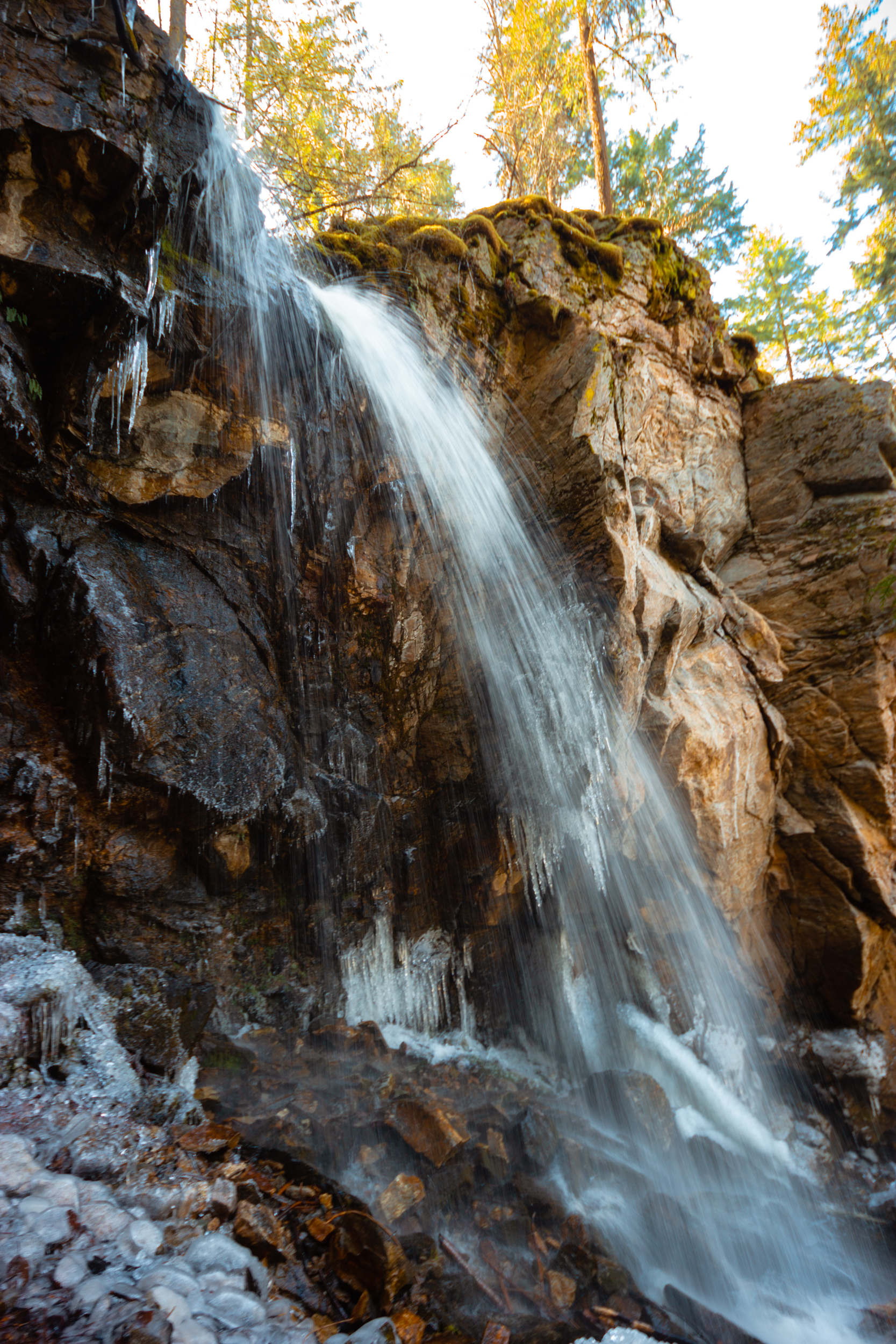 Cosens Falls, a small waterfall in Vernon, tumbles down a rock face.