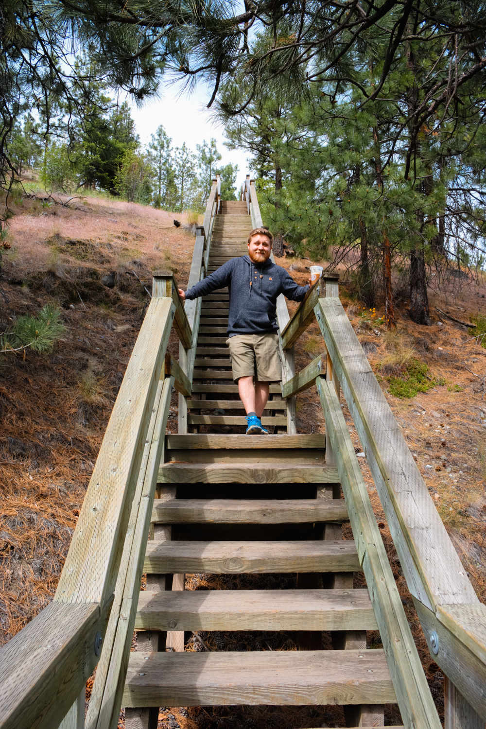 Man hiking down a wooden staircase