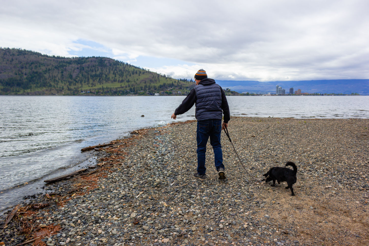 Man walks with a dog on a rocky beach at Bear Creek with Kelowna in the background