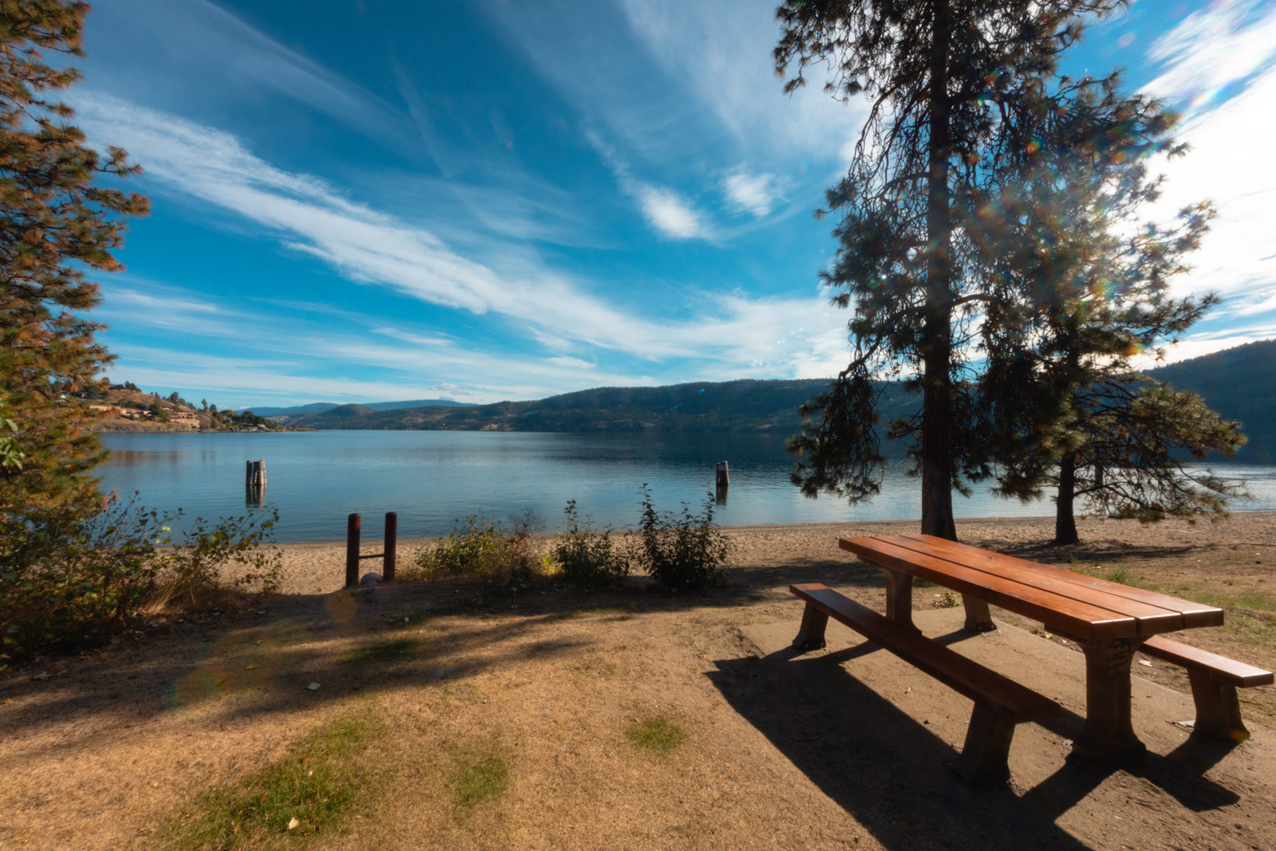 Picnic table at Bear Creek Provincial Park day-use. Okanagan Lake and a beach are in the background.