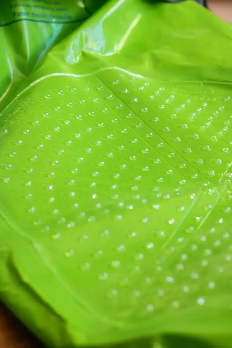 The flexible internal washboard on the Scrubba wash bag. The bag is bright green.