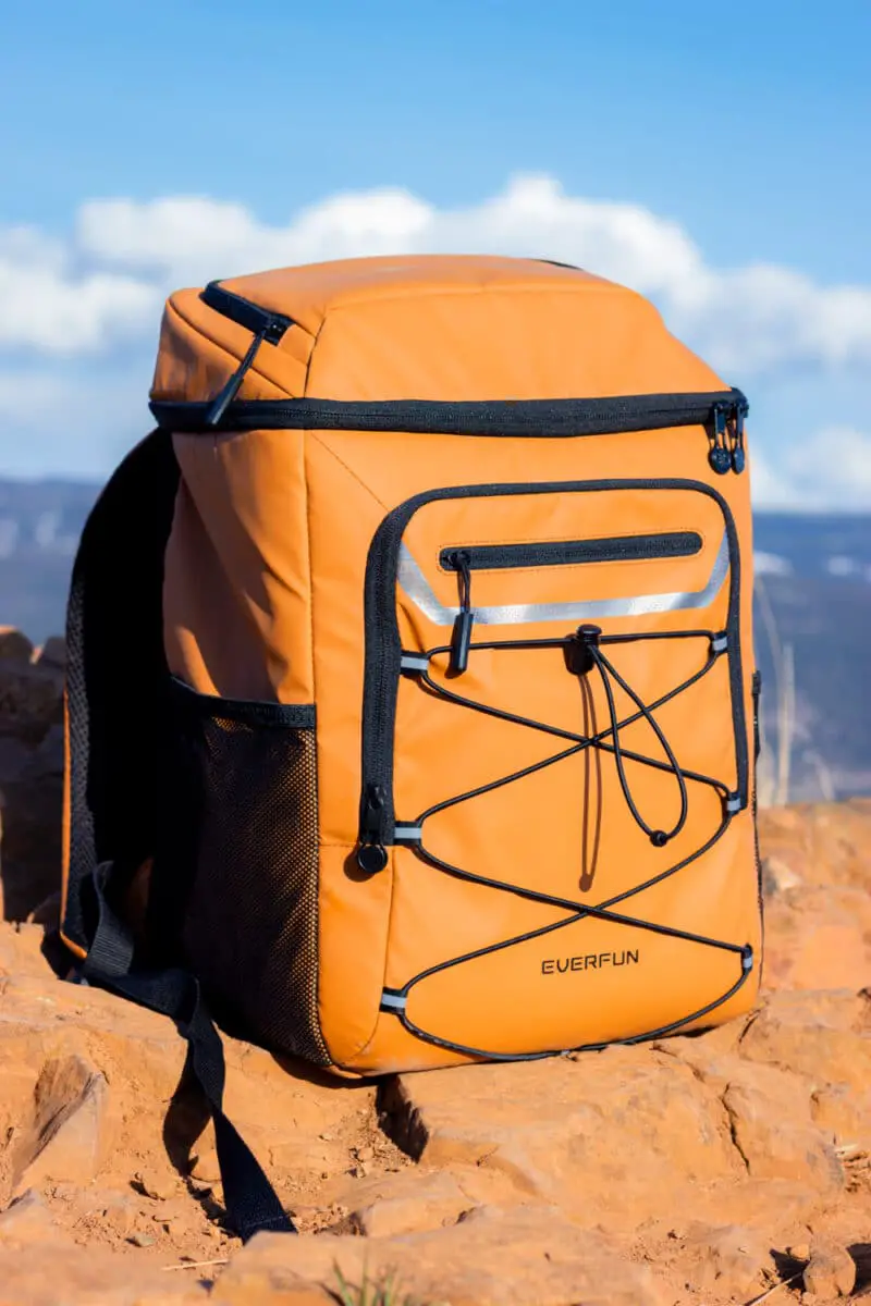EVERFUN cooler backpack sitting on a rocky mountaintop.