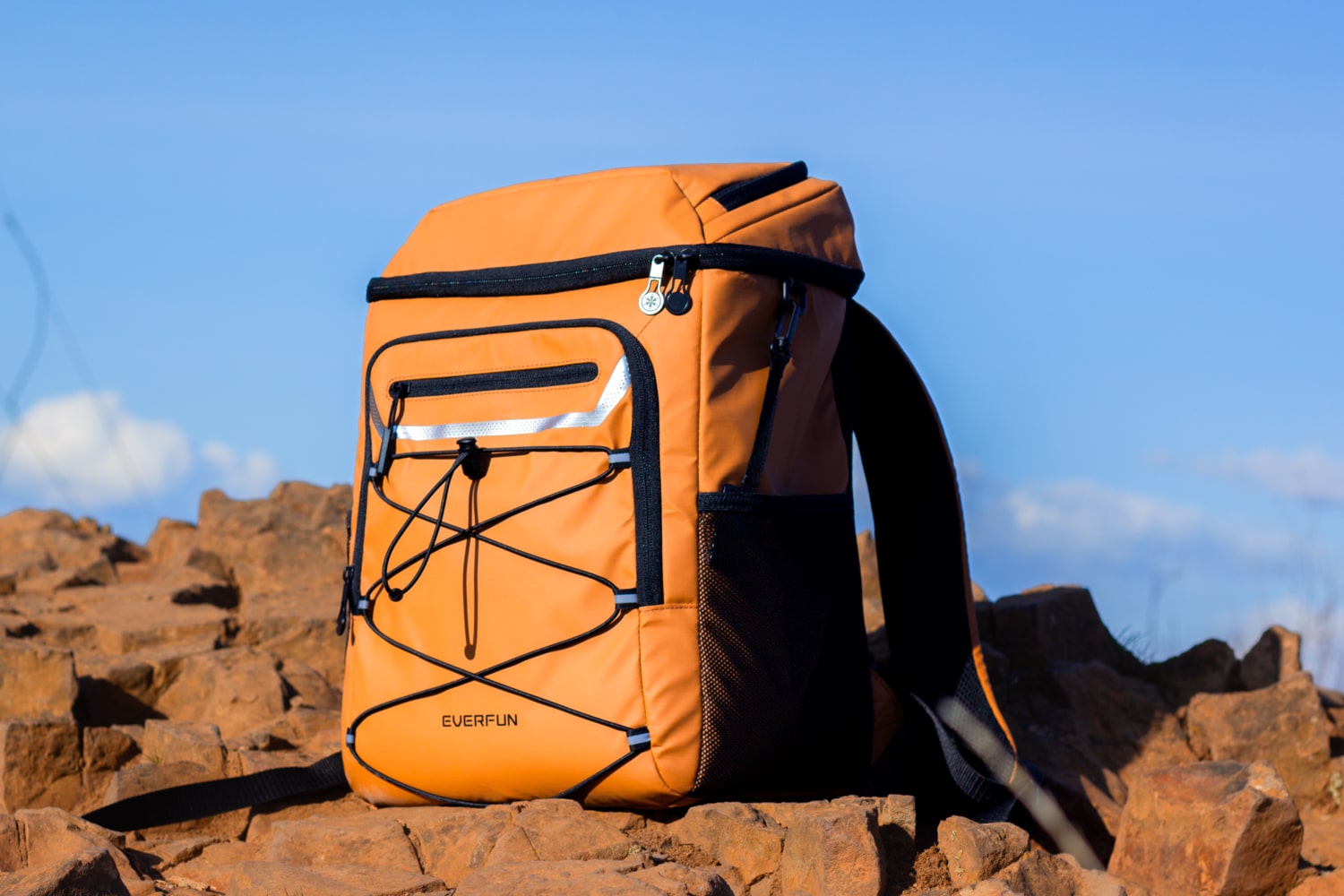 Everfun Cooler Backpack sitting on a rocky mountaintop.