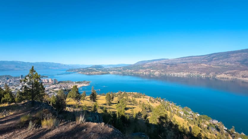 View from the summit of Apex Trail overlooking Knox Mountain, Kelowna, and Okanagan Lake.