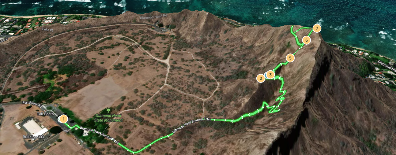 3D trail map of the Diamond Head hike.