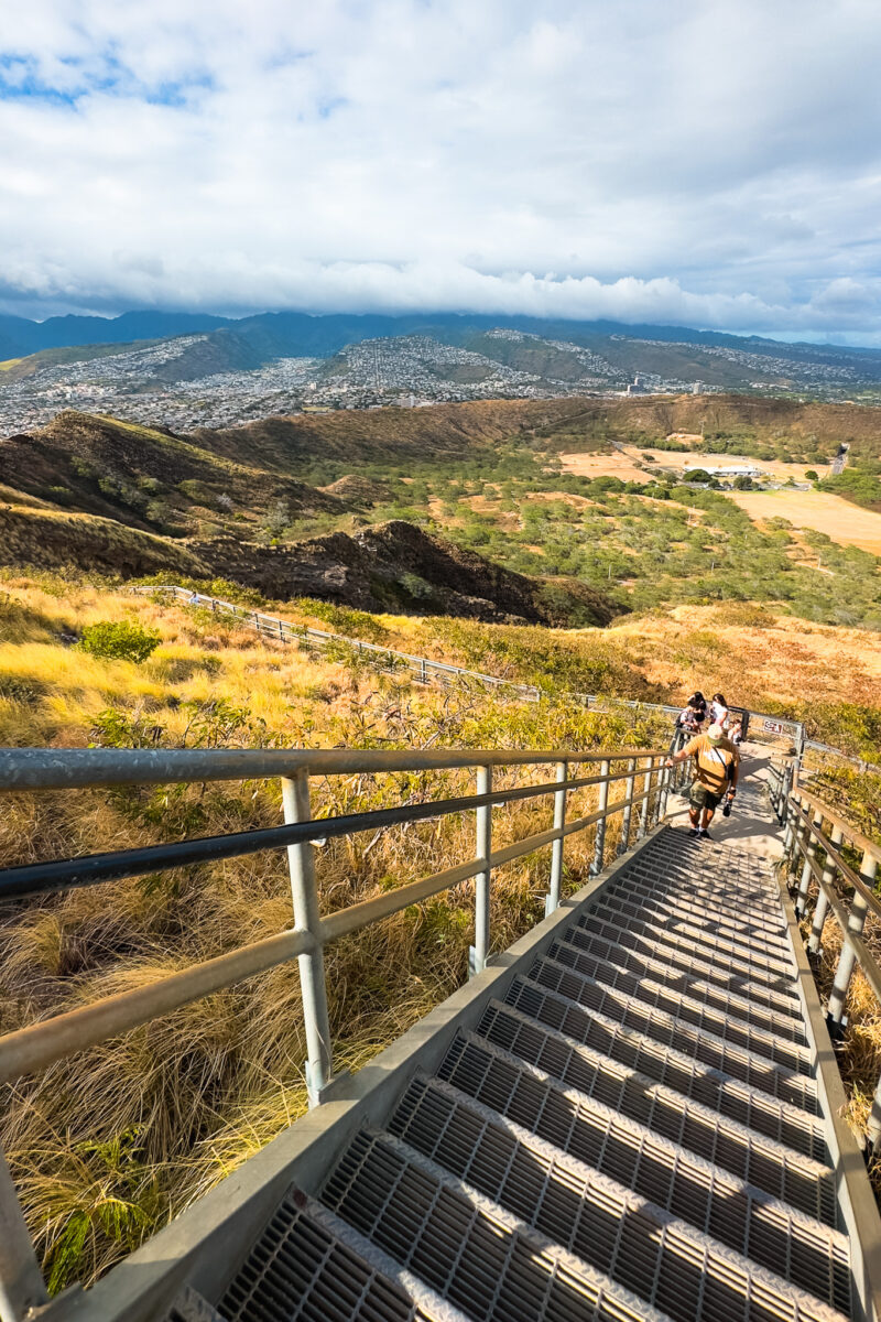 Looking down towards the bottom of the Diamond Head crater with a staircase.