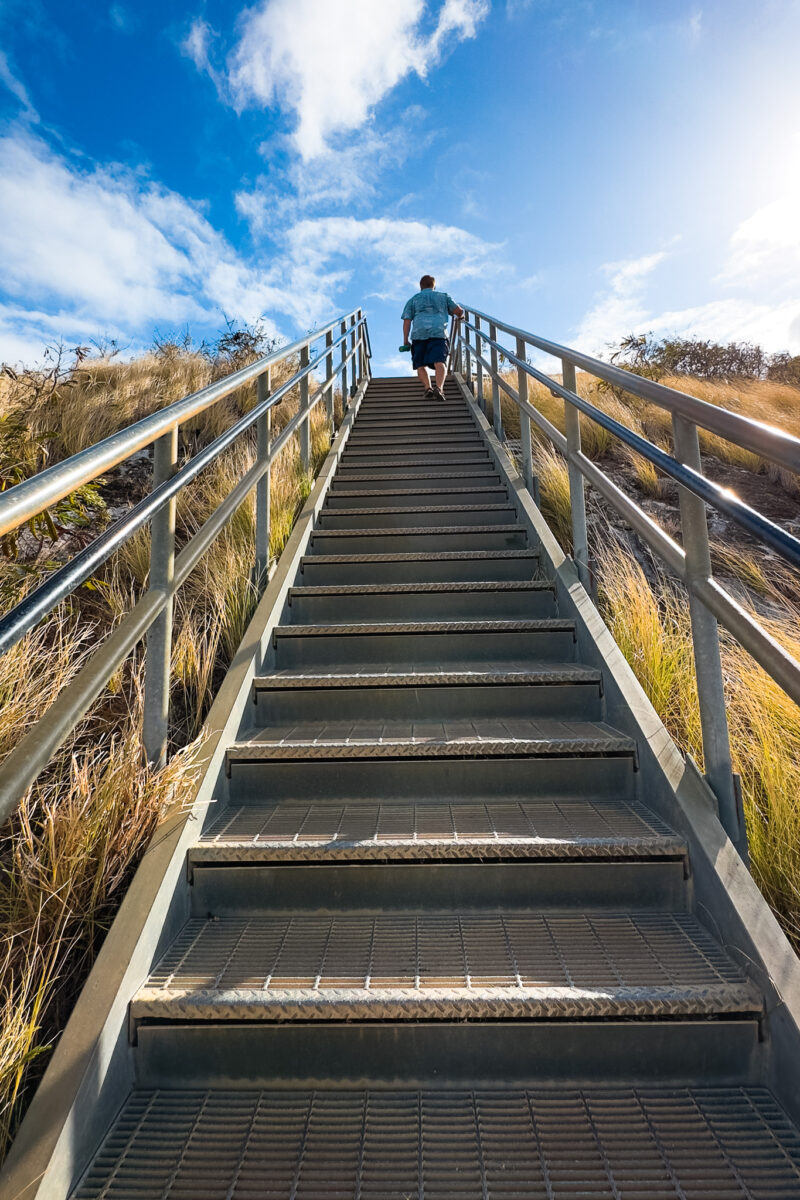 Man walks up a set of stairs.