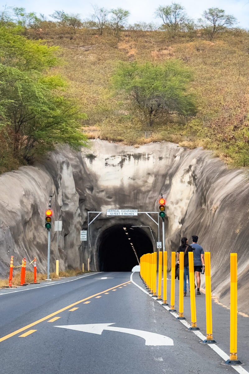 The Kahala Tunnel that goes through the crater's wall. Single lane, alternating traffic with traffic signals. 