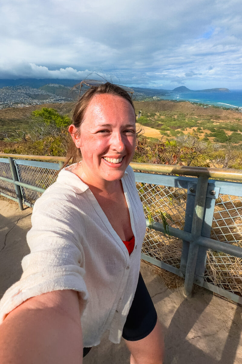 Selfie of a woman hiking.