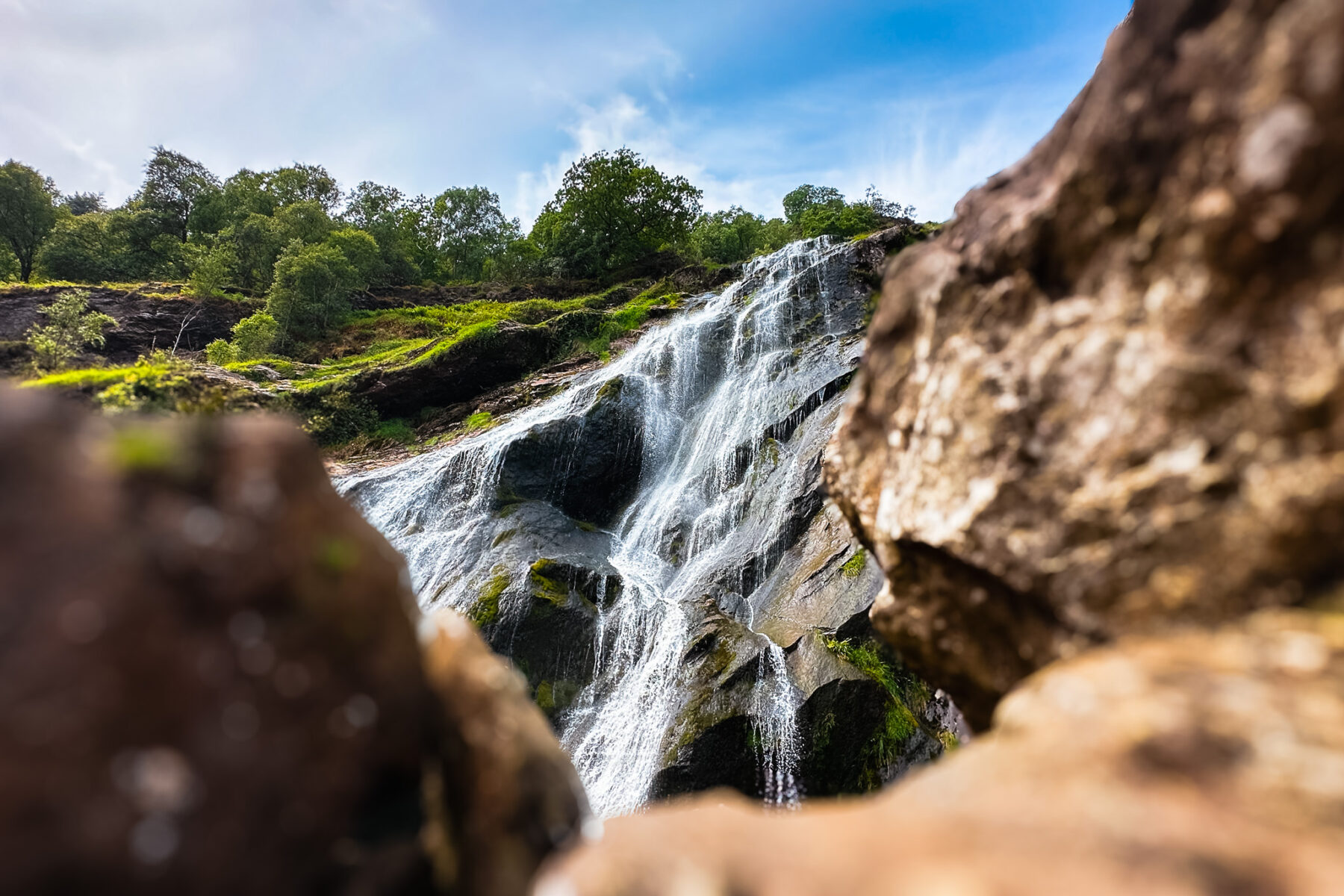 Shot up at Powerscourt Waterfall with rocks blurred out in the foreground.