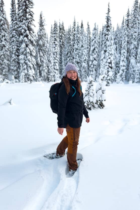 Woman in snowshoes on a wintery day.