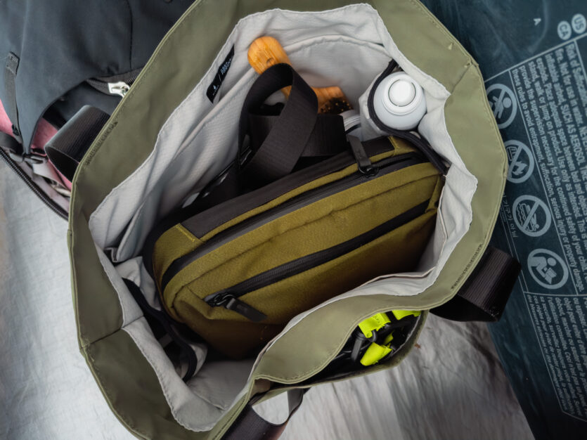 Interior shot of the Elements tote bag with the Flight Sling inside the tote bag
